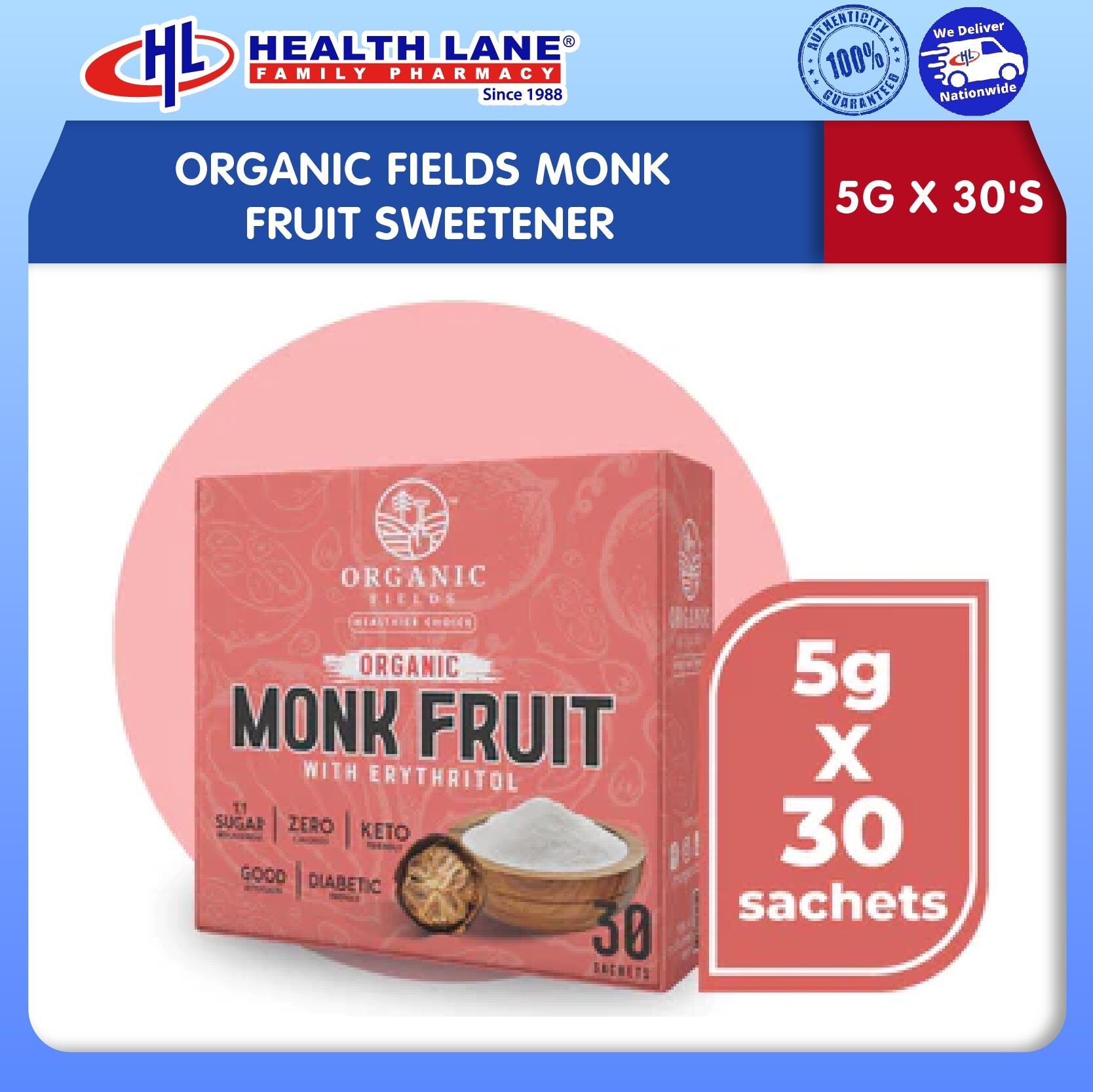 ORGANIC FIELDS MONK FRUIT SWEETENER (5G X 30'S)